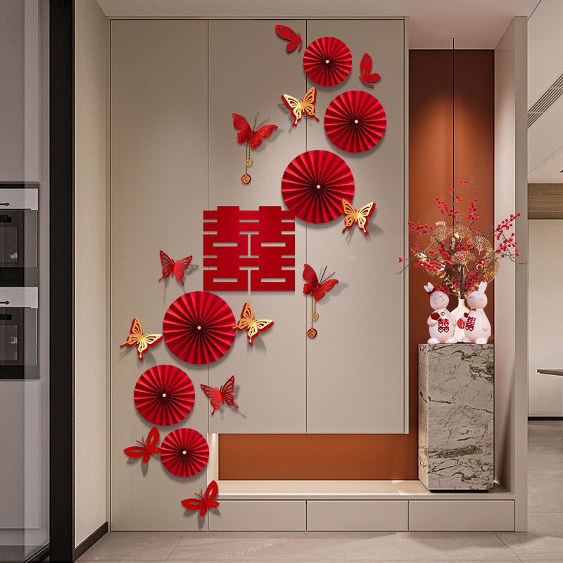 【玄关背景装饰】纸扇花装饰套装 喜字折扇