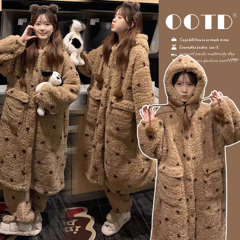 孕妇半边绒女冬季2025新款加厚加绒珊瑚绒家居服孕妇套装冬可外穿