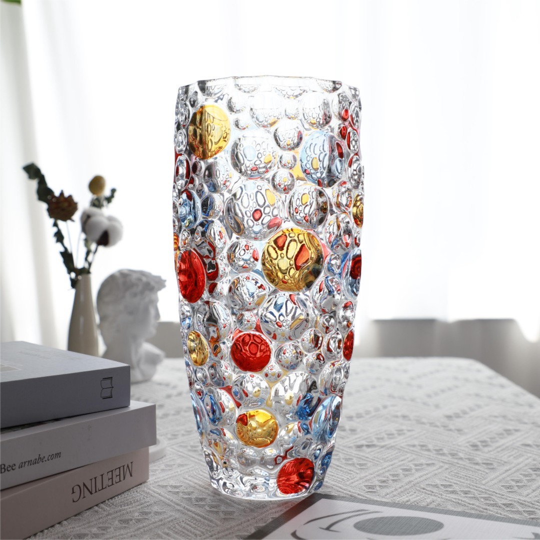水晶彩绘新款大号圆点花瓶轻奢家用高端彩绘玻璃彩色圆点造型炫彩