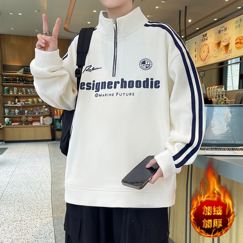 青少年秋冬新款奥粒绒立领拉链打底百搭宽松美式字母加绒加厚卫衣