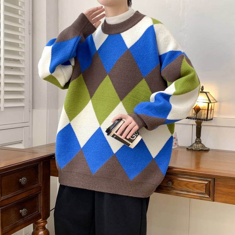 青少年秋冬新款休闲学生打底衫撞色菱形格圆领毛衣针织衫毛衣男