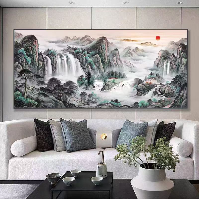 《山水画靠山图》沙发背景墙装饰画轻奢高级感晶瓷装饰画立体防水
