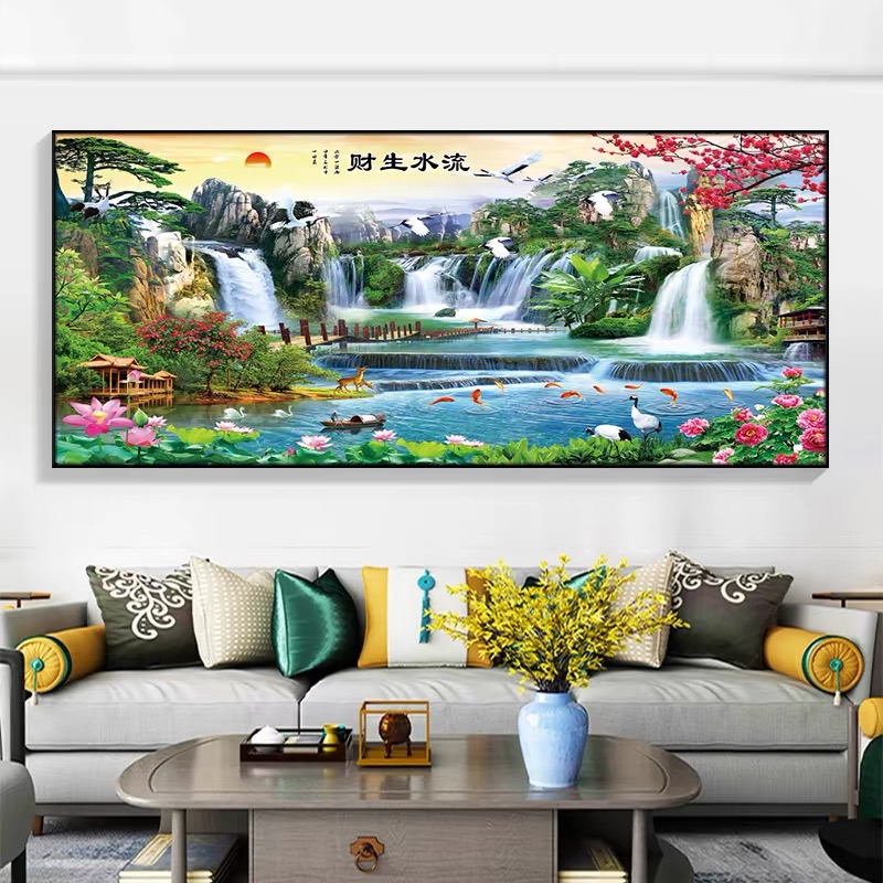 新款山水画客厅墙壁挂画风景镶钻轻奢防水现代立体实木晶瓷装饰画