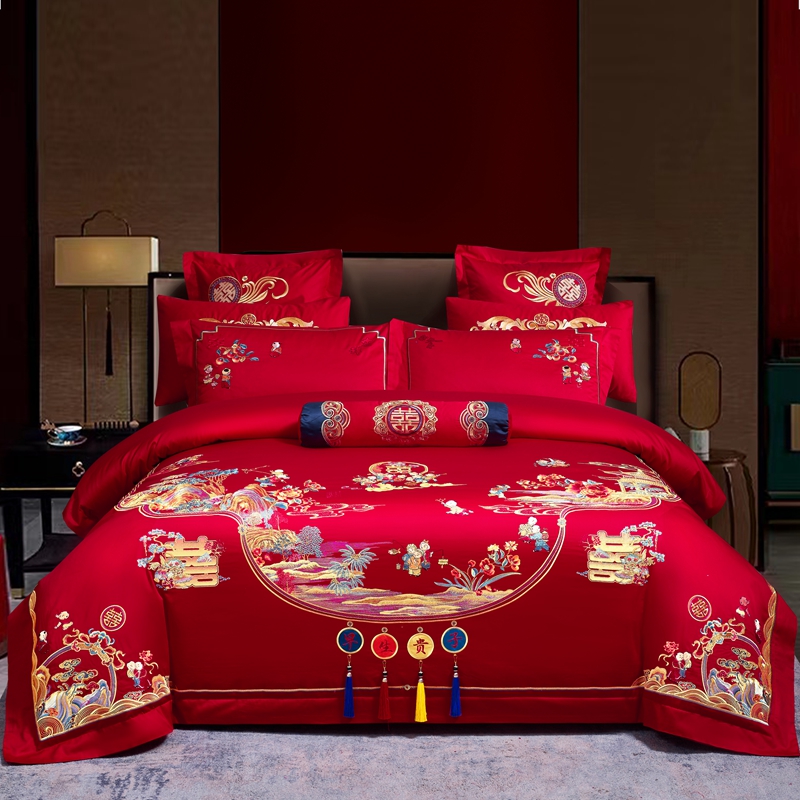 工厂直发【早生贵子】大红色绣花四件套结婚婚房红床单喜庆婚庆