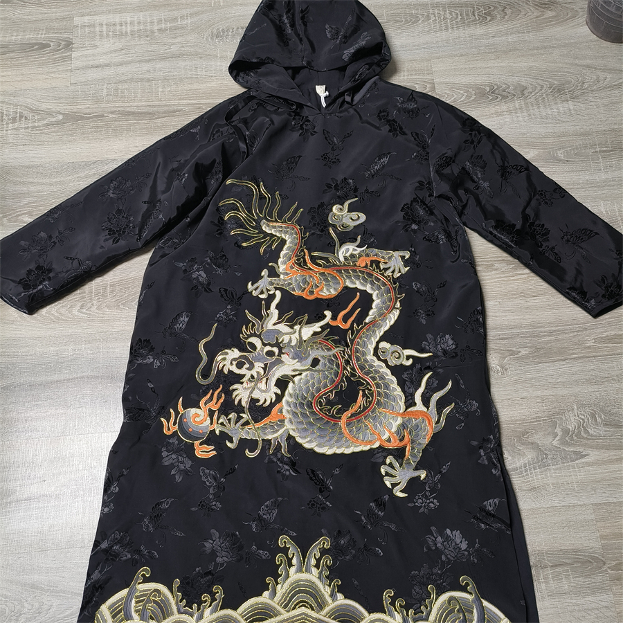 机绣连帽风衣重工刺绣国潮印花中国风时尚黑色休闲外套中长款龙纹