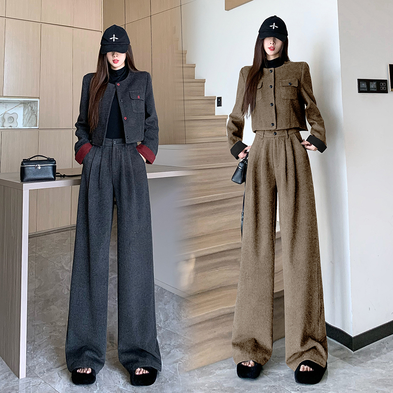 毛呢拼接套装 2024新款高级感撞色毛呢短外套高腰阔腿裤两件套