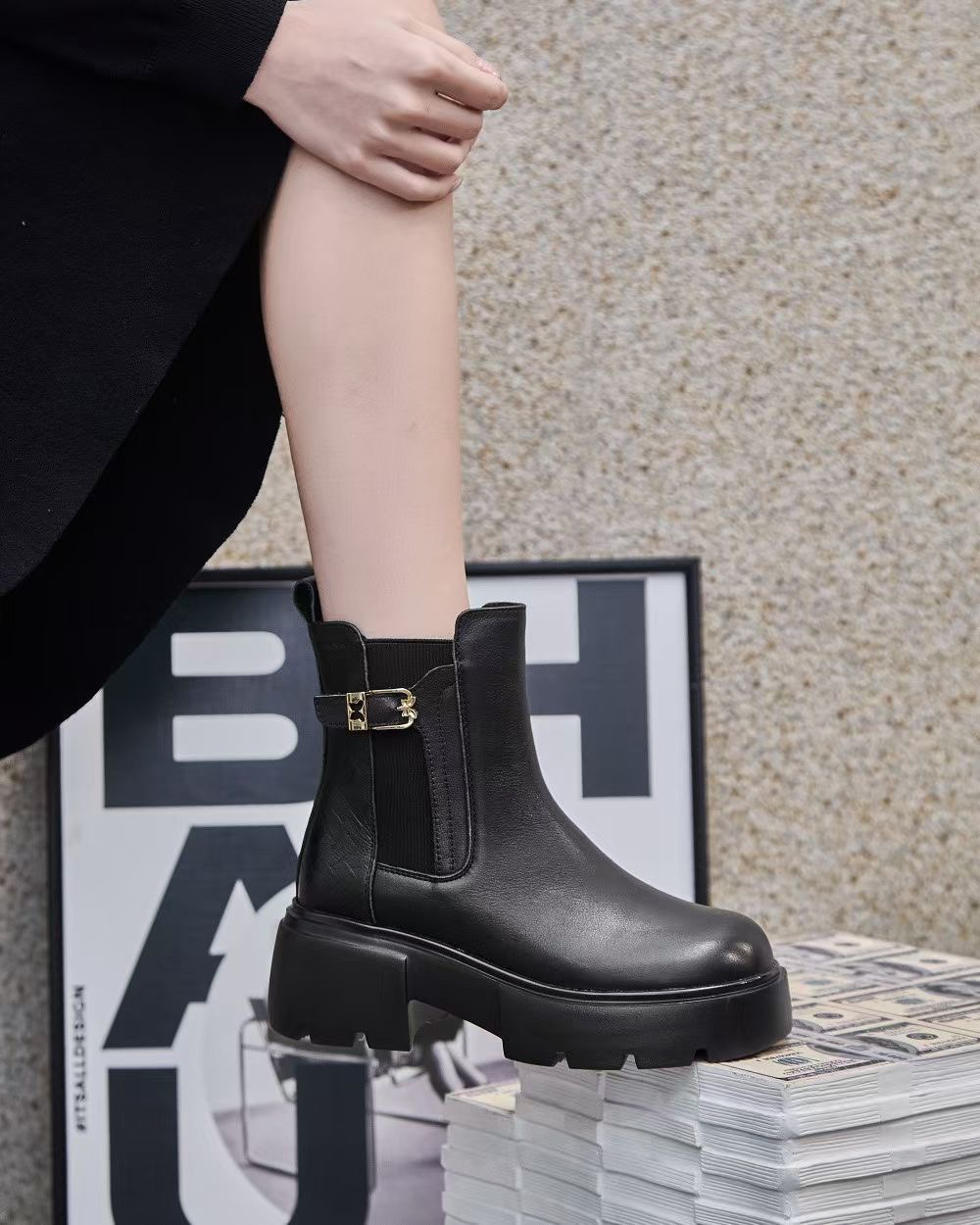 115广版新款高品质头层牛皮加棉厚底超轻5厘米短靴