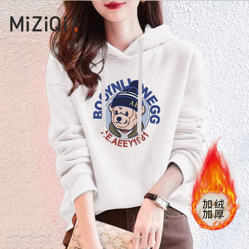 米子旗加厚加绒卫衣女2023秋冬连帽宽松休闲学生卡通韩版上衣D2