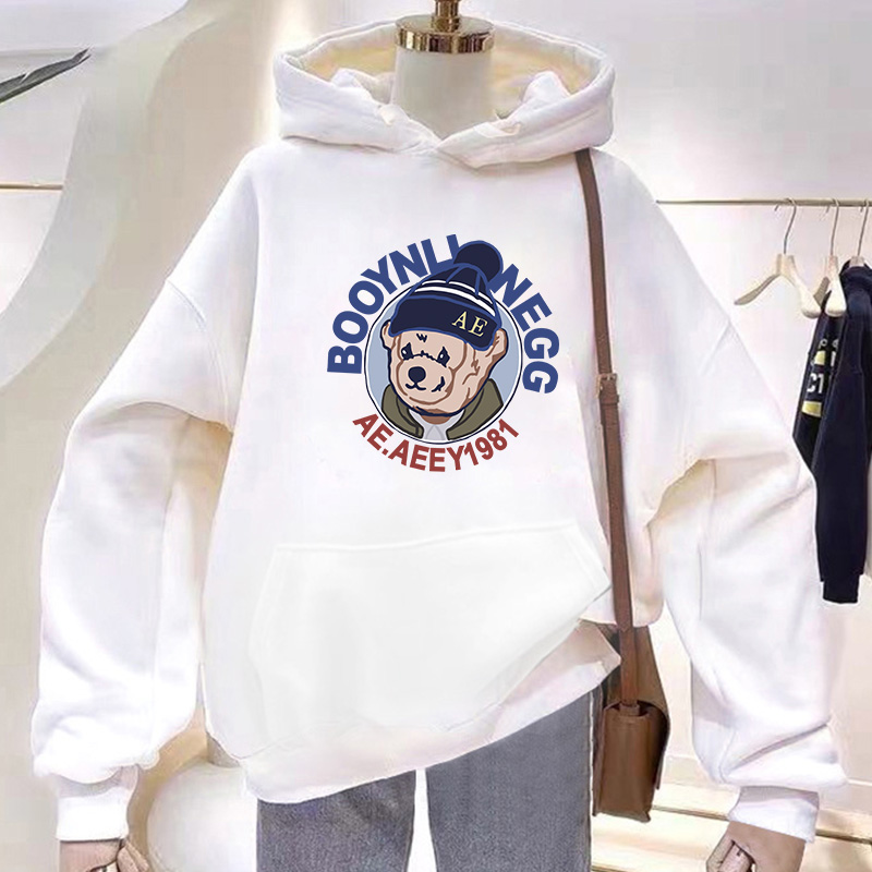 休闲长袖学生洋气女装连帽卫衣女重磅印花长袖韩版宽松圆领上衣