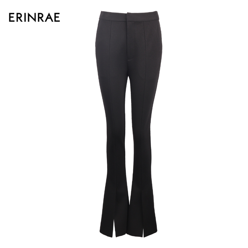 ERINRAE秋冬服饰黑色时尚开叉休闲百搭女装喇叭裤EF136043VI20