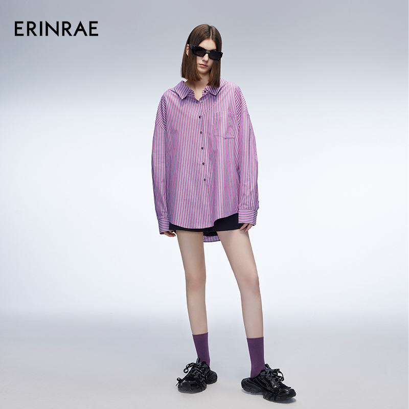 ERINRAE休闲条纹长袖衬衫后背亮片字母设计感衬衣EF314257CO46