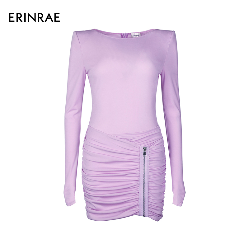 ERINRAE/艾琳睿香芋紫褶皱性感修身包臀时尚连衣裙EG281452TA40