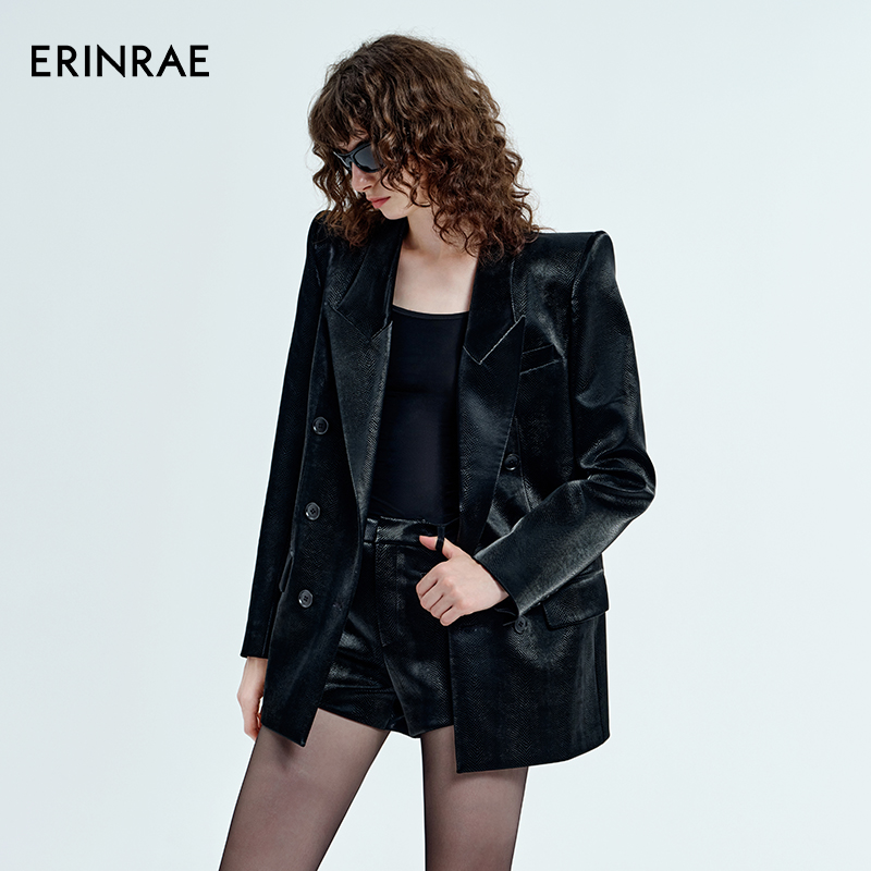 ERINRAE秋冬季黑色显瘦皮纹理感外套EG441061VI20