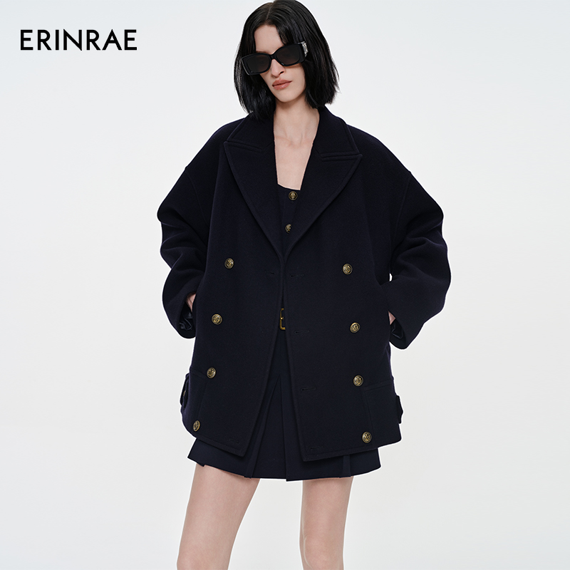 ERINRAE/艾琳睿秋冬百搭藏蓝色色复古毛呢大衣外套EH162044WO82