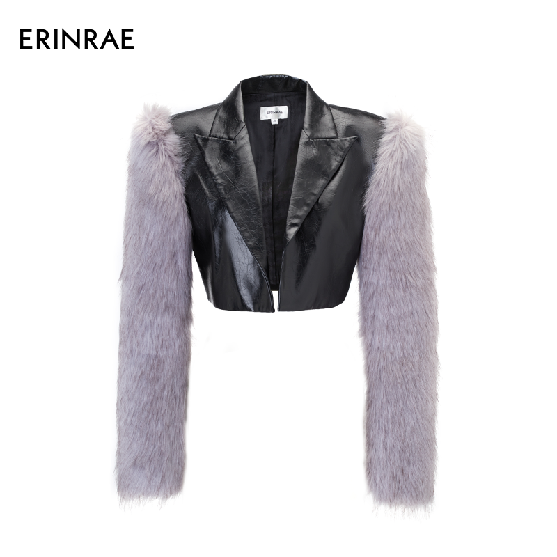 ERINRAE秋冬款时尚短款毛袖拼接女装黑色皮衣外套EE4P1159PU20