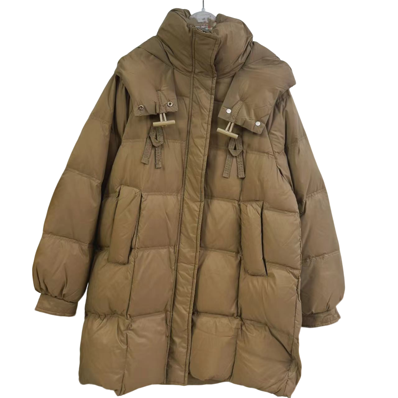 7068-女士（拿铁）中长连帽羽绒服外套