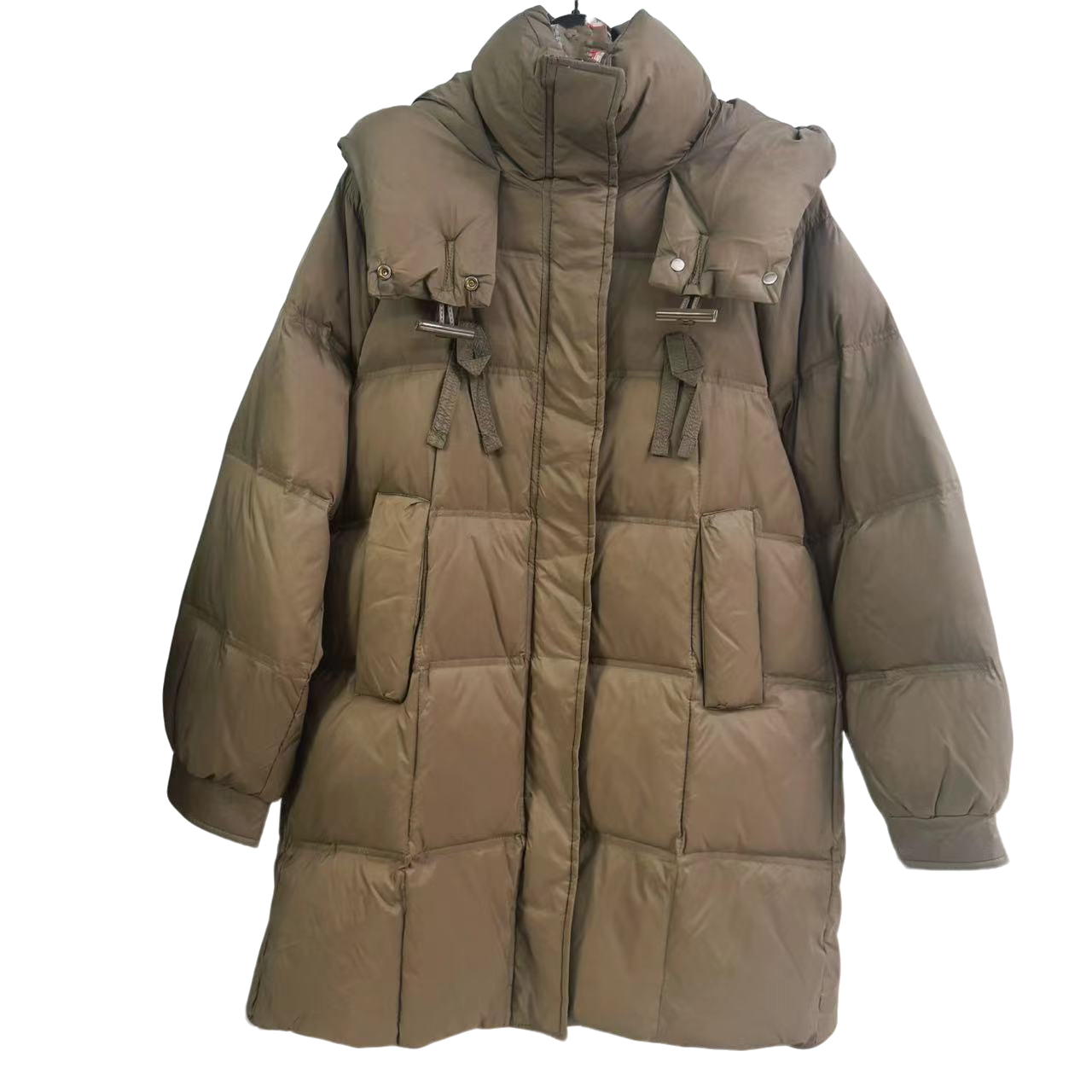 7513-（棕栗色）蝴蝶结中长连帽羽绒服