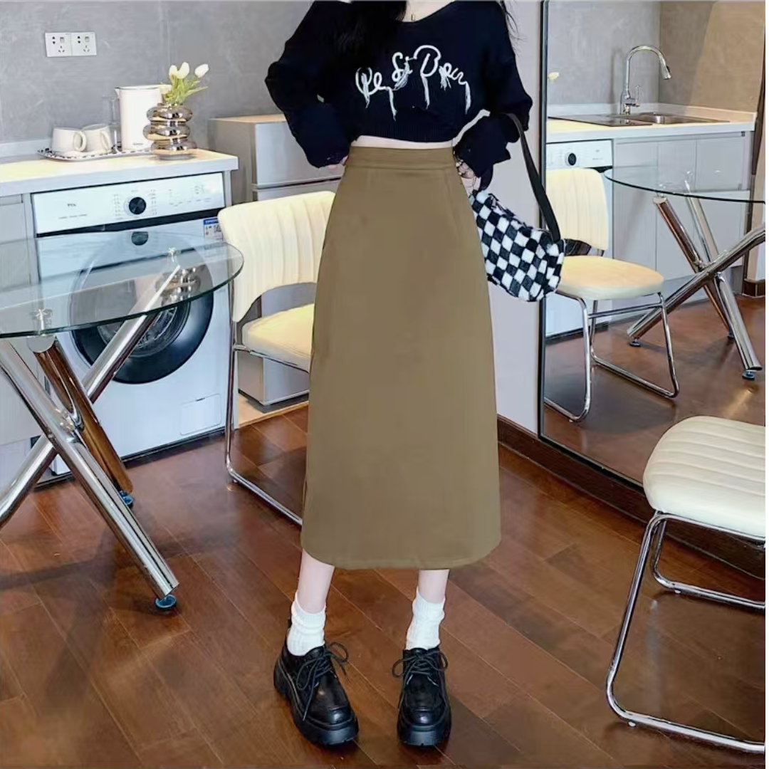 7613-美人（卡其）A字版毛呢半身裙