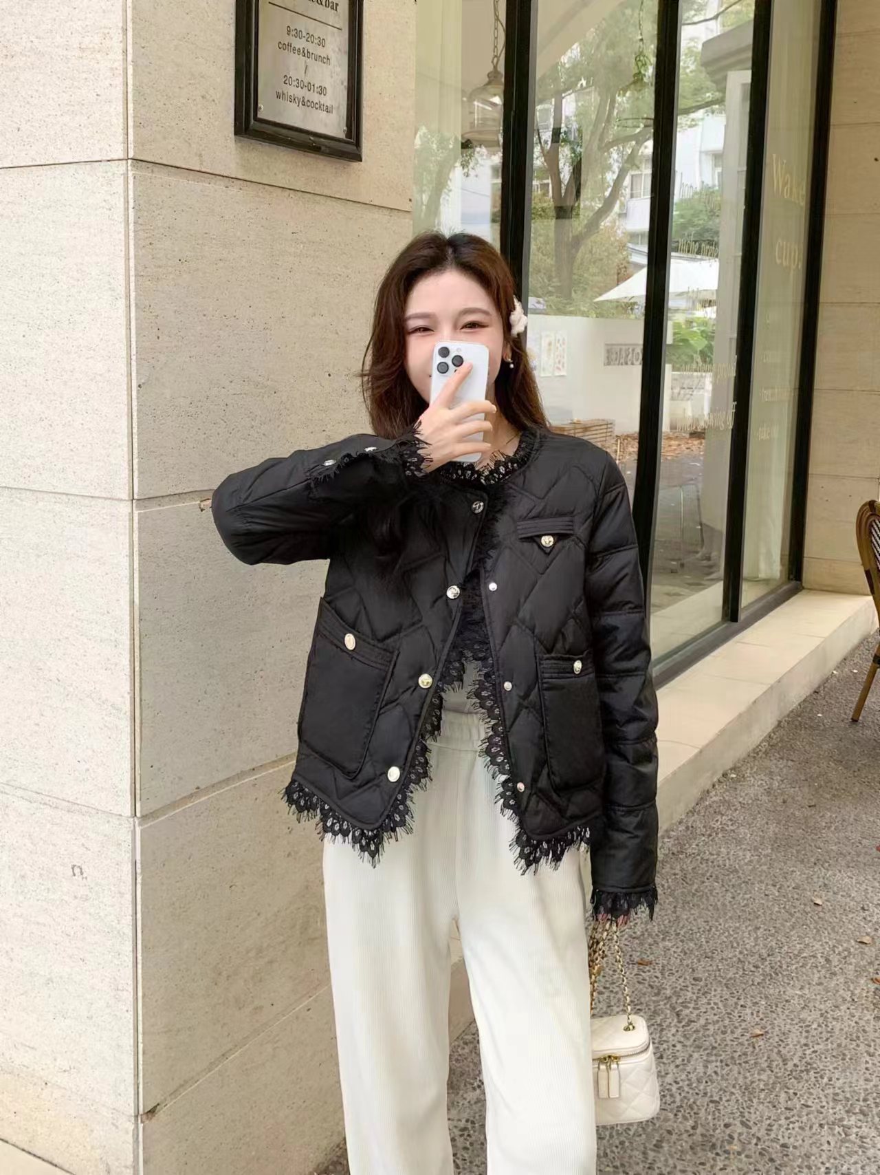 8805香港素街时尚洋气百搭蕾丝边小香风棉服