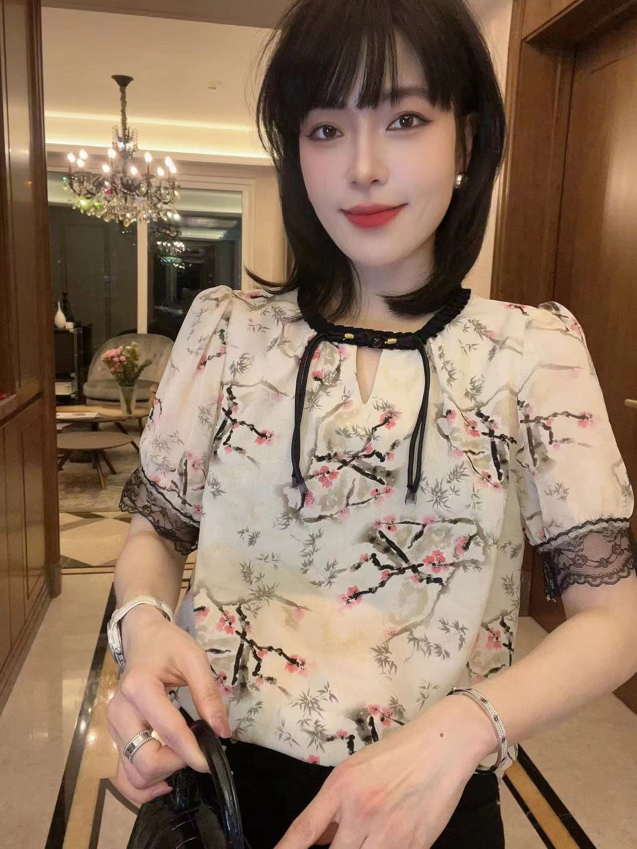28283新款国潮古风山水画印花中式盘扣小衫