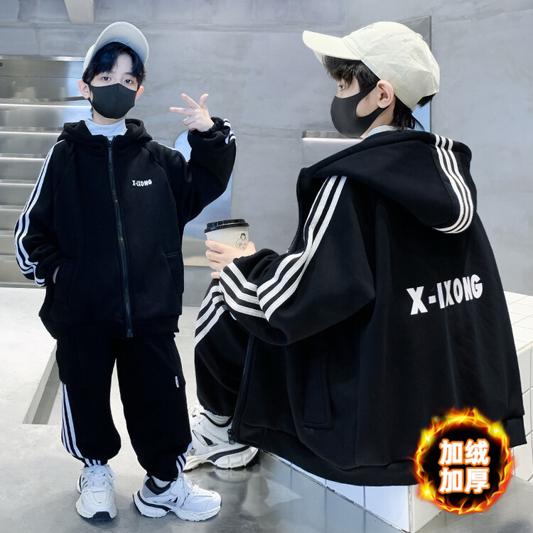 潮童加绒2023冬季新款韩版男童保暖上衣儿童中大童加洋气男孩连帽