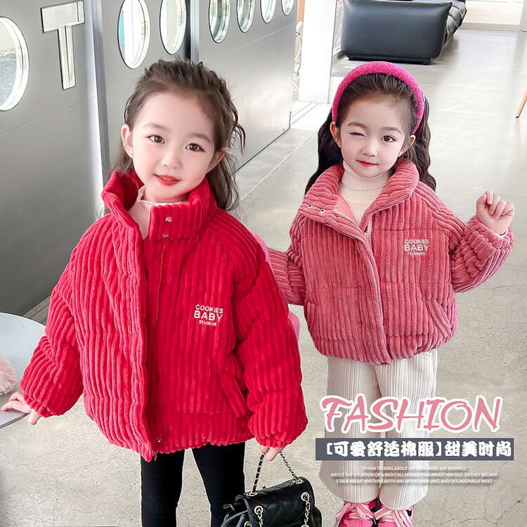 女童红色甜美加厚冬季宝宝短款棉衣外套儿童洋气灯芯绒棉内胆舒适