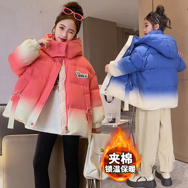 女童秋冬季加绒加厚棉衣中大童渐变时尚棉服女孩新款炸街短款连帽