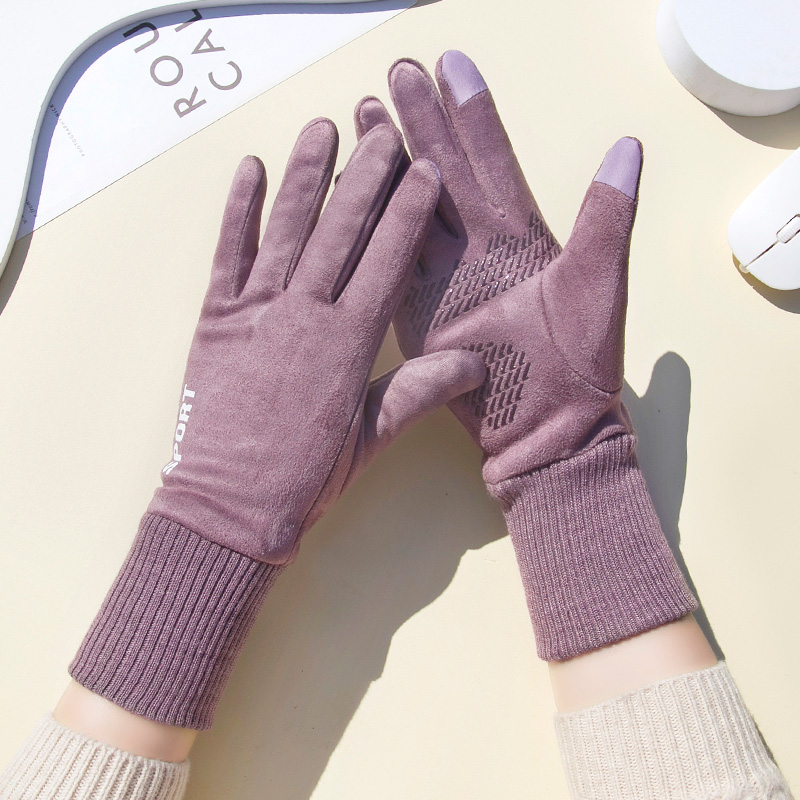 户外运动骑车防滑秋冬季手套男女通用加绒薄款开车麂皮绒保暖触屏