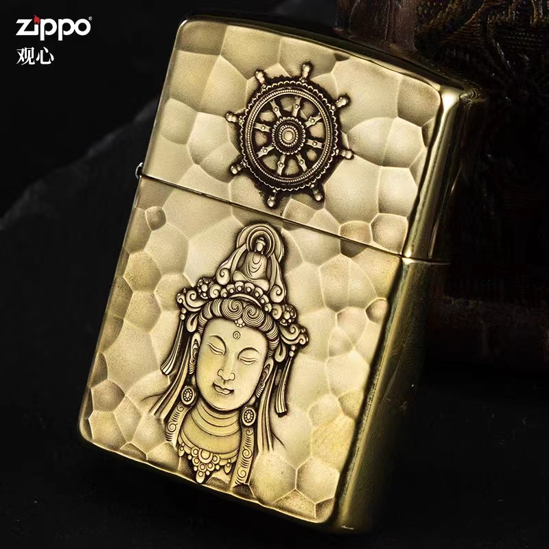 zippo打火机【观心步步生莲】黄铜浮雕 紫铜镶嵌 盔甲机 防风DYJ1