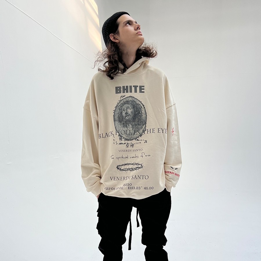 %BHITE空瞳 第七季圣周五重工刺绣450克重大毛圈底连帽卫衣做旧感