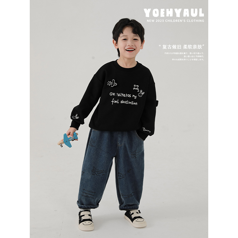 幼悠【素描遐想】双11男童冬季胶浆印花 厚软加温一体绒牛仔裤N4748