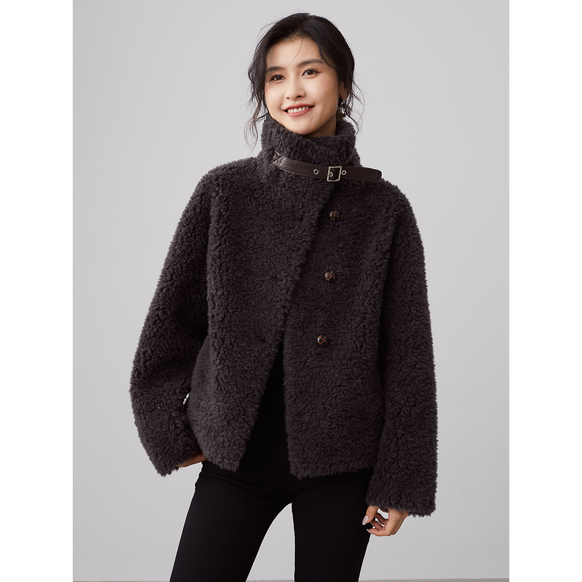 一米阳光秋冬新款高级感时尚立领机车风100%绵羊毛外套JC291A008