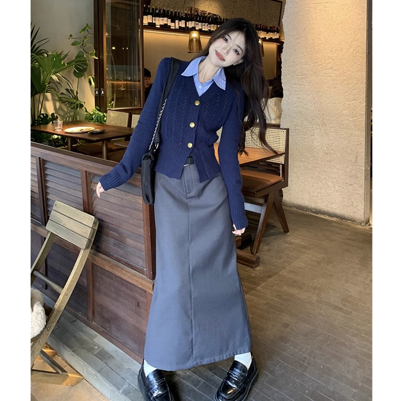 学院风套装女复古气质辣妹开衫针织毛衣衬衫半身裙高级感三件套秋