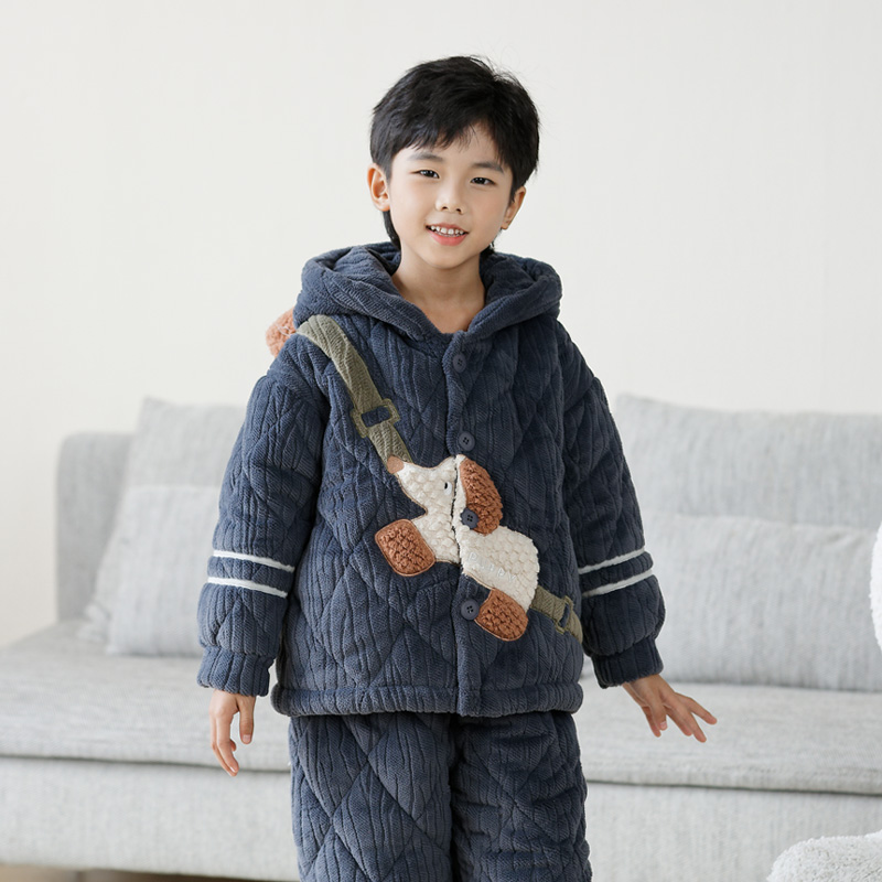 男童睡衣儿冬季三层夹棉童卡通珊瑚绒加绒加厚保暖家居服男孩套装