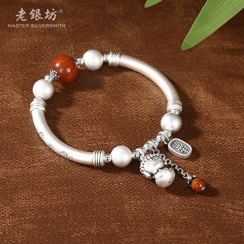 【老银坊】s925银南红单珠弯管莲花佛手串 00351254