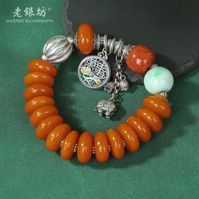 【老银坊】s925银蜜蜡翡翠万事如意手串 00351607