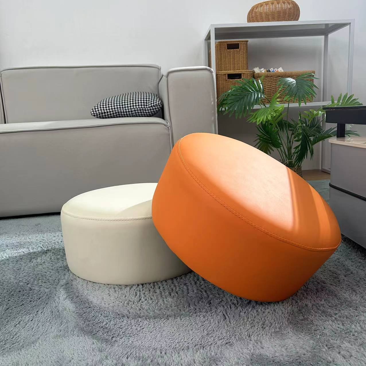 家用皮质沙发凳纳帕皮小敦敦凳子轻奢客厅家用创意门口换鞋凳