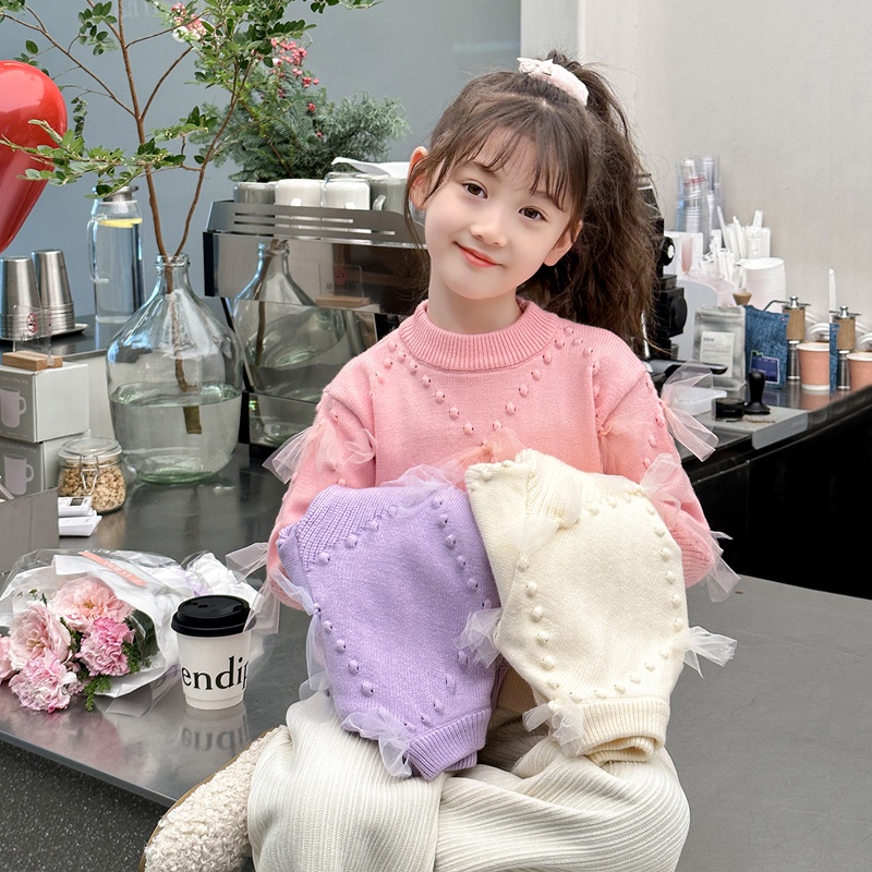女童加厚冬季毛衣2023新款洋气女孩时髦网纱套头毛线衣加绒打底衫