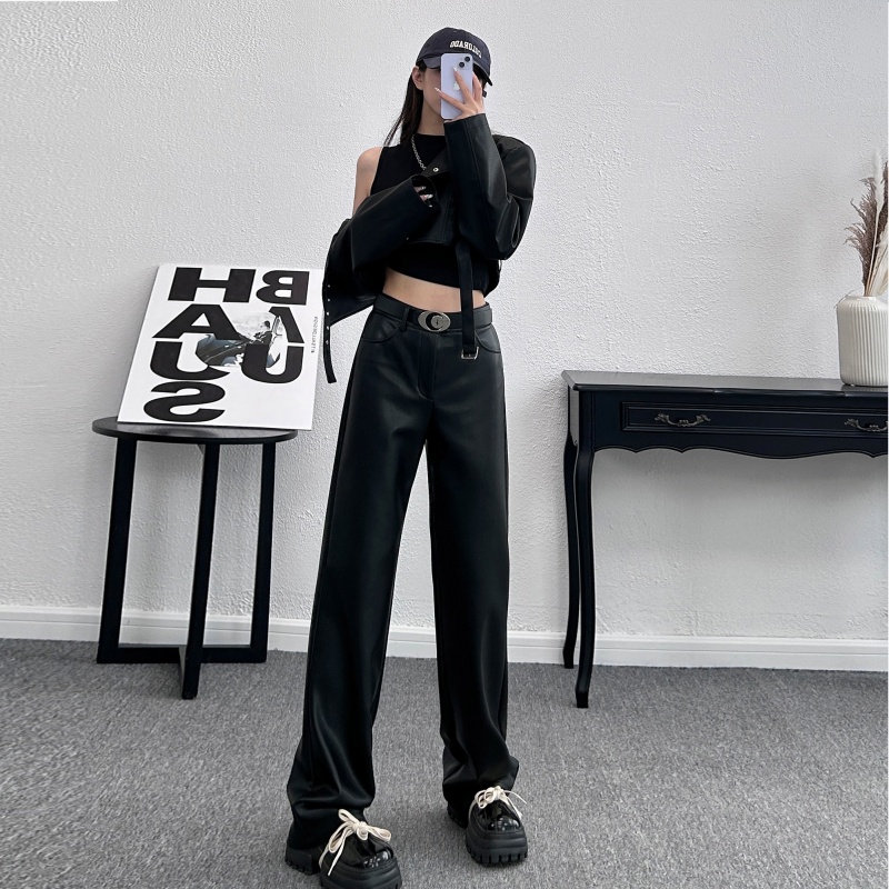 秋冬阔腿PU质感皮裤女时尚酷飒黑色宽松显瘦直筒裤垂感百搭女长裤