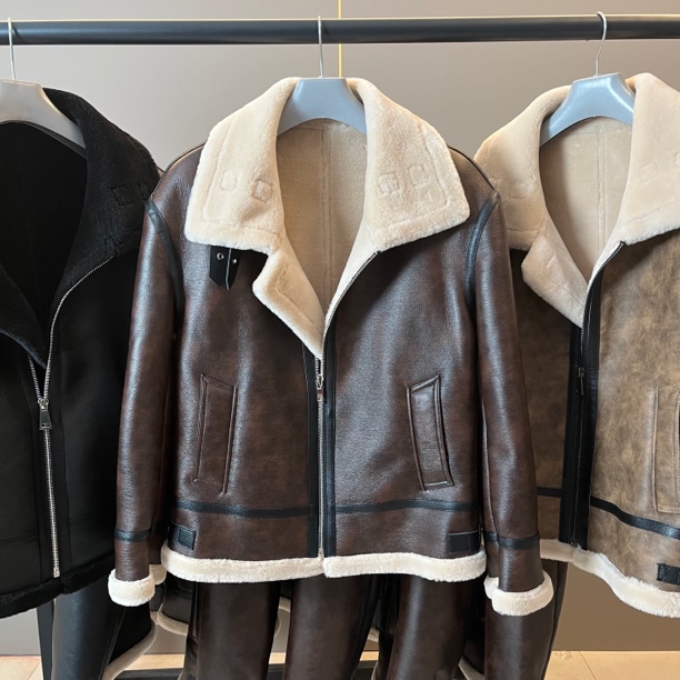 男装真皮皮毛一体B3飞行服加绒加厚复古风外套翻领时尚P