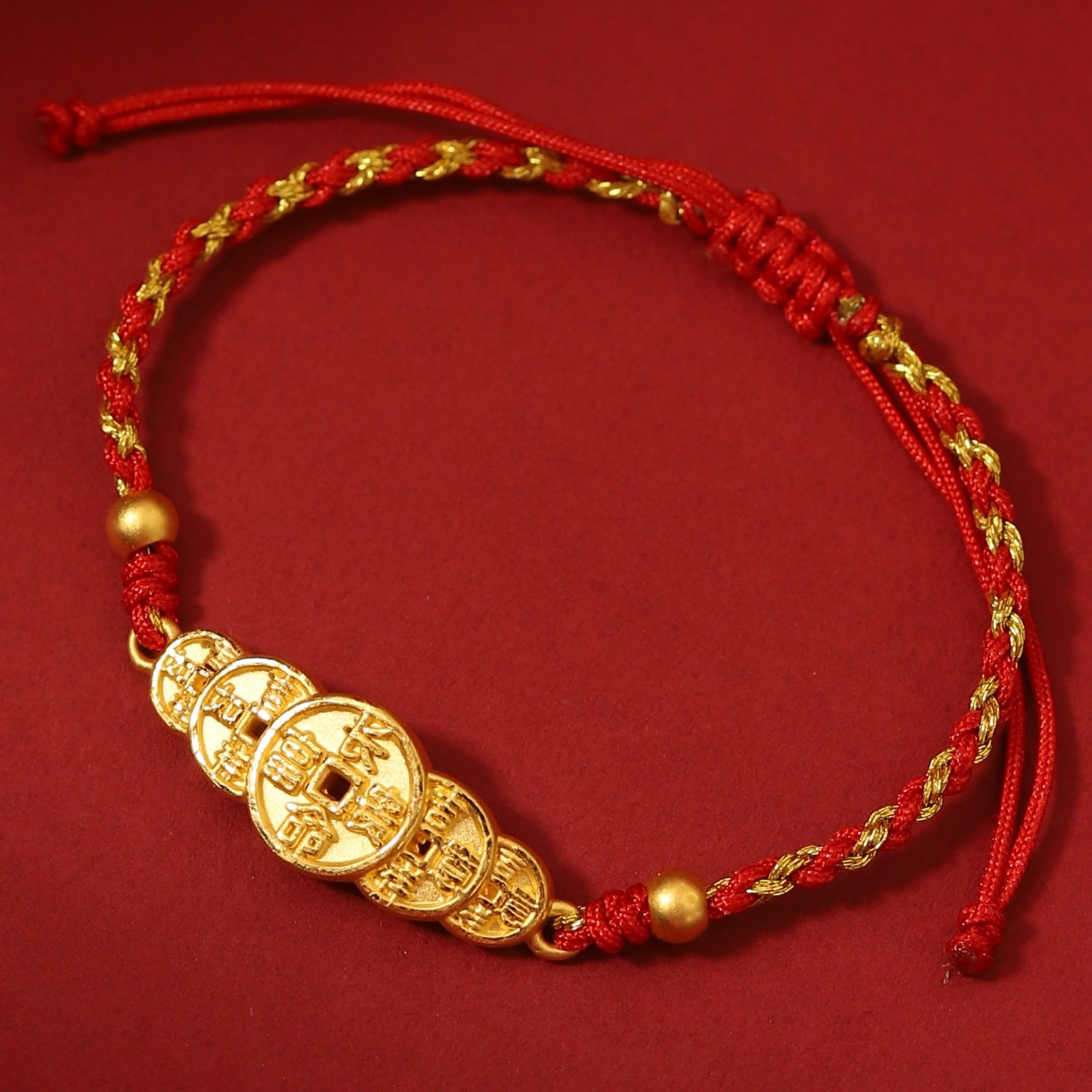 足金999五福钱币手工编织手绳