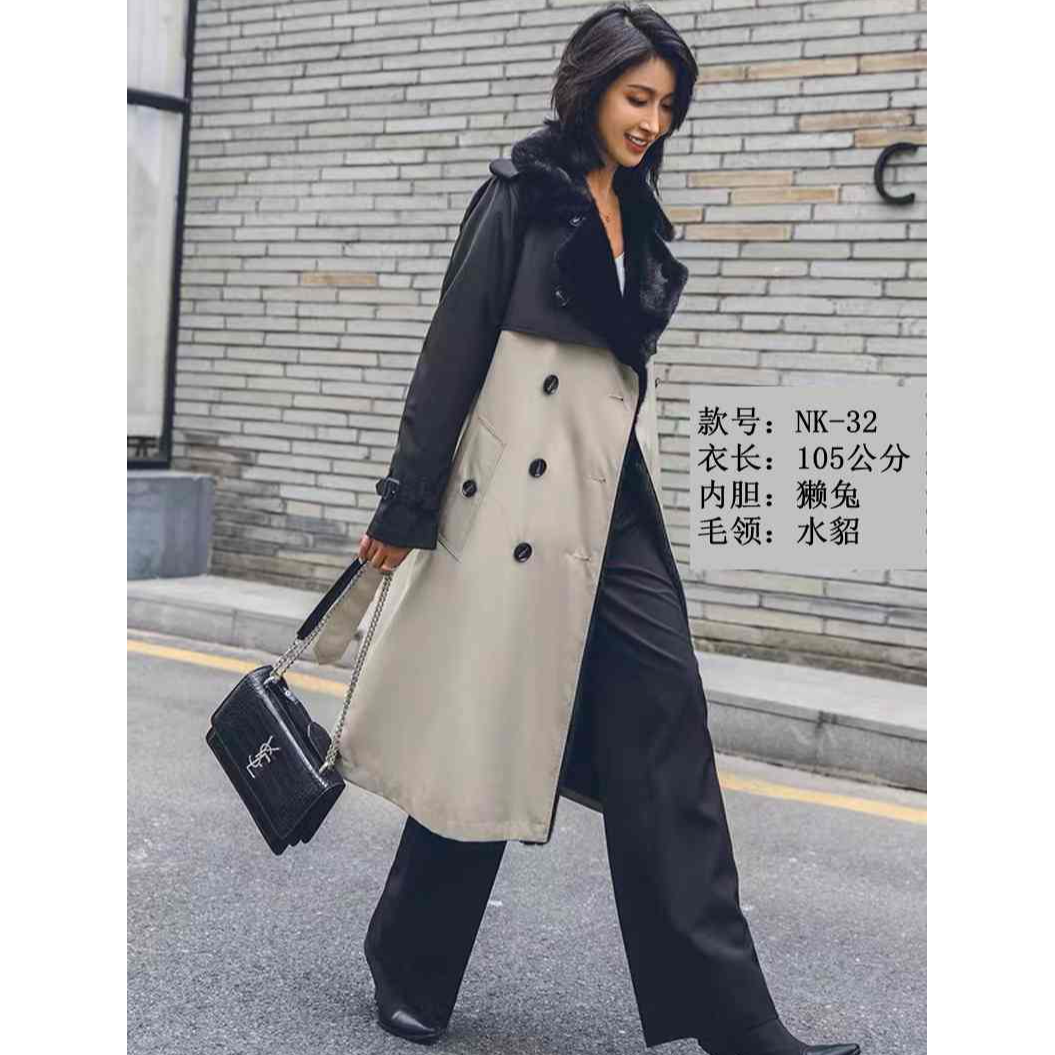 女士冬季时尚休闲百搭中长款派克服可摘卸獭兔内胆水貂领尼克服