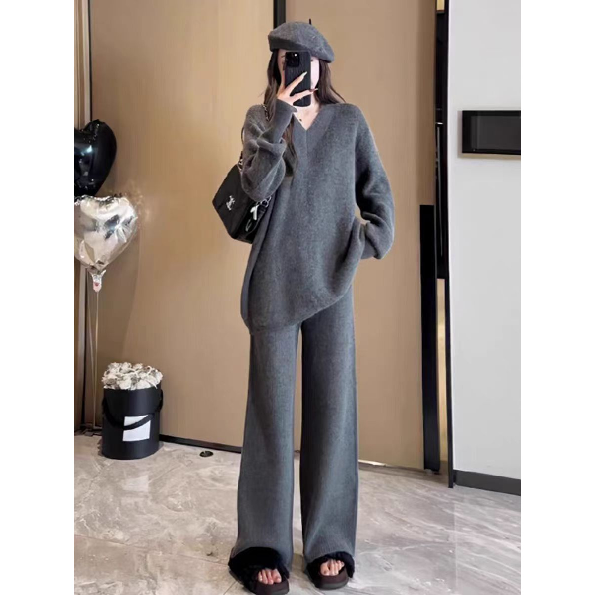 慵懒风针织毛衣套装女秋冬大码宽松阔腿休闲裤时髦高级气质两件套