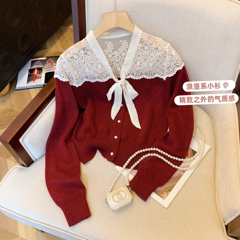 法式立体花朵V领针织衫女秋季不规则气质飘带修身打底甜辣妹上衣