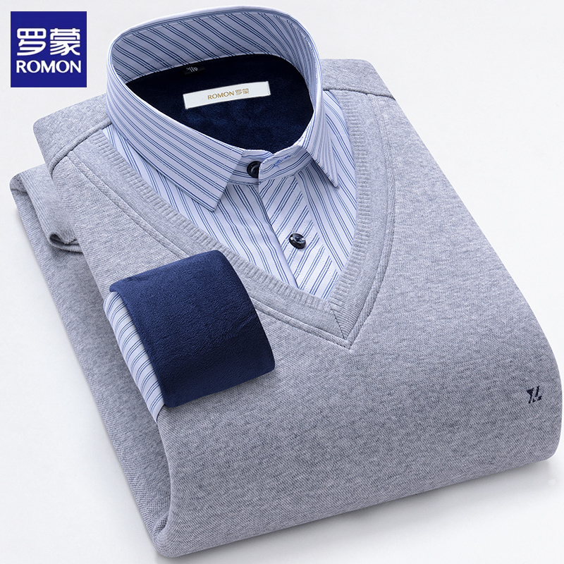 罗蒙秋冬男士高品质毛衣男款爆款2025新款加绒衬衫领假两件针织衫