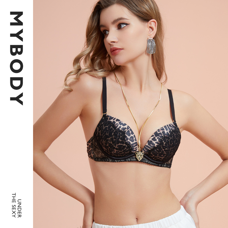 MYBODY商场同款狂野宝贝薄款小胸聚拢蕾丝性感豹纹链条文胸