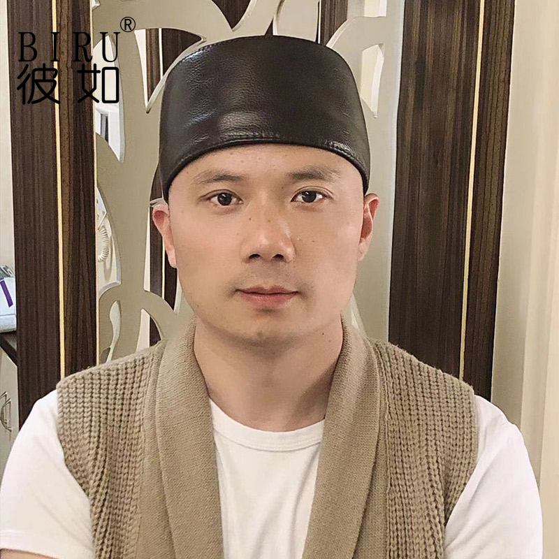 秋冬牛皮盆帽男士复古无檐水桶帽平顶真皮中老年黑色回族帽礼拜帽