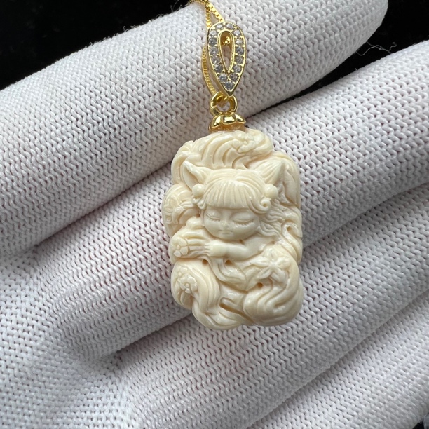 K1540天然猛犸牙 雕刻九尾狐16*22mm  支持复检假一罚四