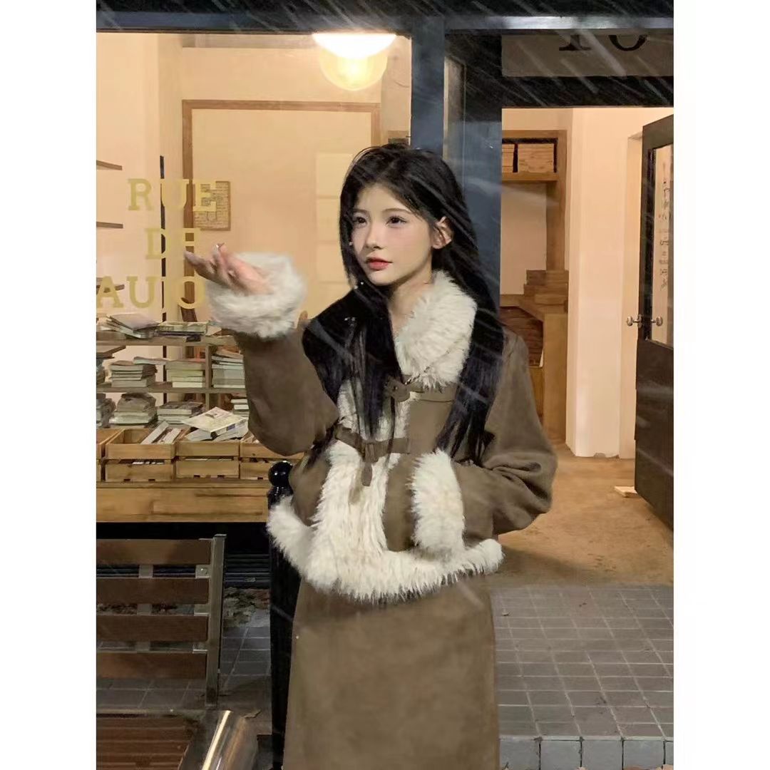 ‘’美拉德套装女仿麂皮绒拼接长袖外套骑行秋冬包臀裙短裙两件套