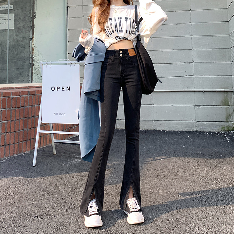 黑色开叉牛仔裤女夏薄款2025新款爆款高腰修身显瘦小个子喇叭裤子